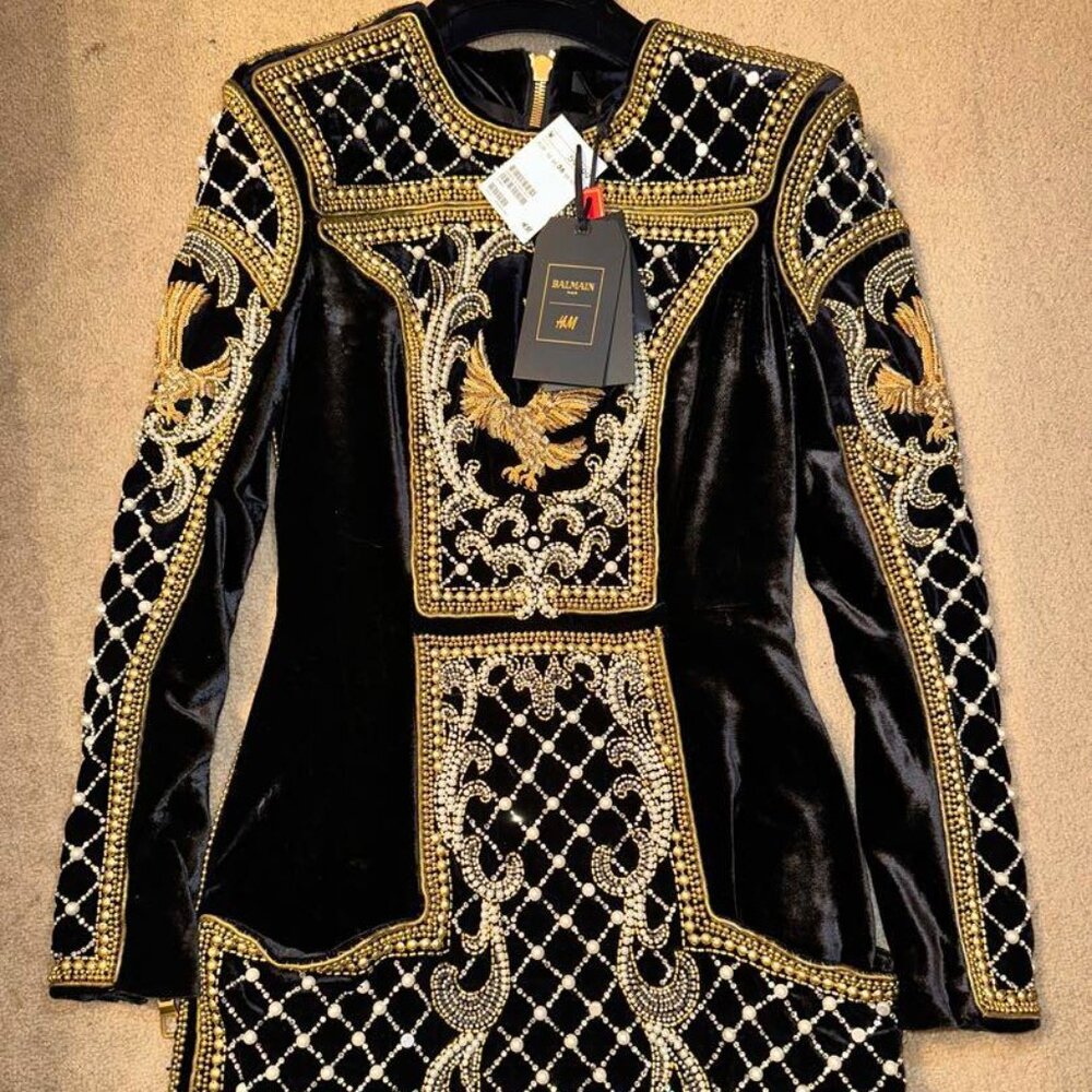 Balmain x H&M Gold Beaded Embroidered Dress Size US 4 EU 34